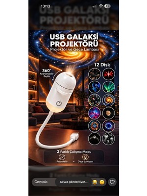 Teknonisa USB Galaksi Projektör LED Gece Lambası 360° Ayarlanabilir 10 Filmli 2’si 1 Arada Ambiyans Işık