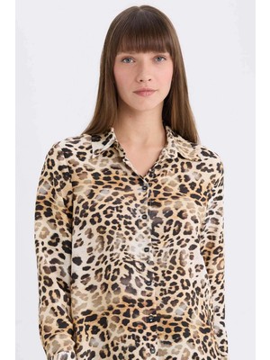 Defacto I8266 Bej Regular Fit Leopar Desenli Uzun Kollu Gömlek