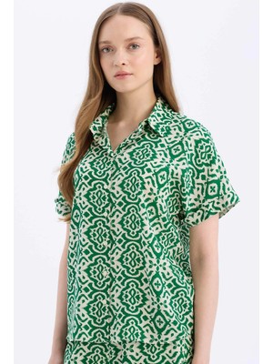 Defacto C9621 Yeşil Regular Fit Desenli Kısa Kollu Gömlek