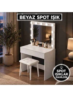 Rani BJ161 Hollywood Işıklı Aynalı Kulis Makyaj Masası Takı Düzenleyici Puf Takım Beyaz