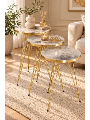 Odera Efes Beyaz Mermer Desenli Yuvarlak Zigon Sehpa 3'lü Set Pvc Kenarlı Metal Ayaklı Retro Salon Sehpası