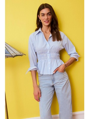 Defacto H0347AXBE306 Mavi Fıtted Çizgili Poplin Gömlek