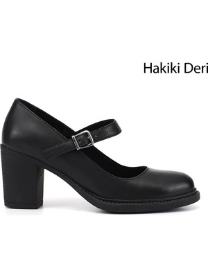 Gönderi(r) Kadın Siyah  Kalın Topuklu Mary Jane Hakiki Deri Ayakkabı