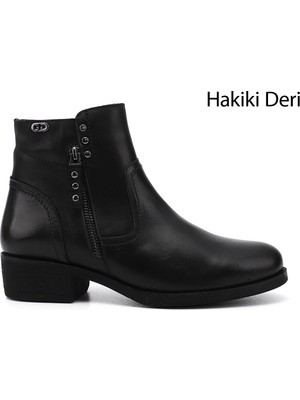 Gönderi(r) Kadın Siyah  Çift Fermuarlı Kauçuk Taban Hakiki Deri Bot