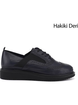 Gönderi(r) Kadın Lacivert  Bağcıklı Dolgu Taban Hakiki Deri Ayakkabı