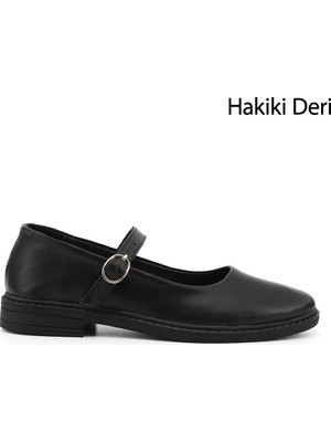 Gönderi(r) Kadın Siyah Kısa Kalın Topuklu Mary Jane Hakiki Deri Babet