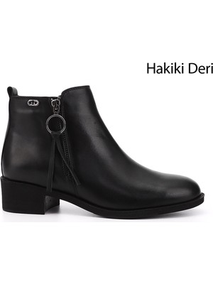 Gönderi(r) Kadın Siyah  Fermuarlı Kalın Topuklu Fermuarlı Hakiki Deri Bot