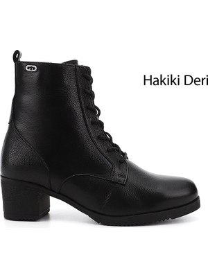 Gönderi(r) Kadın Siyah Floter  Fermuarlı Kalın Topuklu Hakiki Deri Postal Bot
