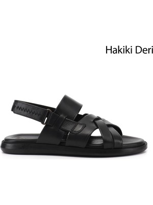 Gönderi(r) Erkek Siyah  Ayarlanabilir Cırt Bantlı Hakiki Deri Sandalet