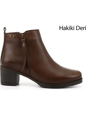 Gönderi(r) Kadın Kahve  Fermuarlı Kalın Topuklu Hakiki Deri Bot