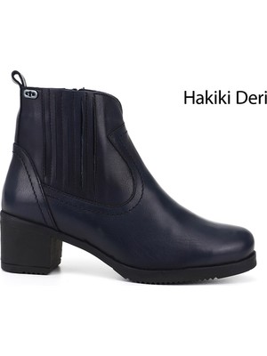 Gönderi(r) Kadın Lacivert Antik Fermuarlı Kalın Topuklu Hakiki Deri Bot