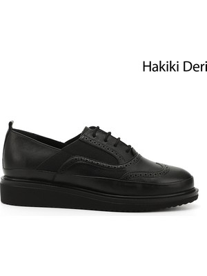 Gönderi(r) Kadın Siyah  Bağcıklı Dolgu Taban Hakiki Deri Ayakkabı