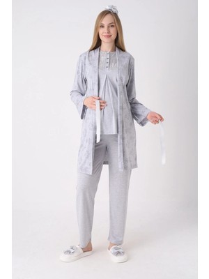 Erdeniz Tekstil Lohusa Pijama Sabahlık 3'lü Takım Çiçek Desenli Dantel Göğüslü Düğmeli Emzirme Pamuk Viskon Set