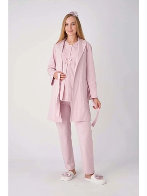Erdeniz Tekstil Hamile Lohusa Pijama Sabahlık Takımı 3'lü Set Dantel V Yaka Düğmeli Emzirmeli Penye