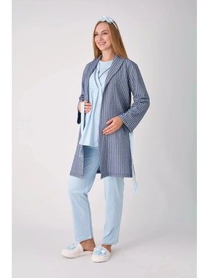 Erdeniz Tekstil Hamile Pijama ve Sabahlık Takımı – 3’lü Pamuklu Lohusa Seti, Çizgili Sabahlıklı ve Kruvaze Yaka