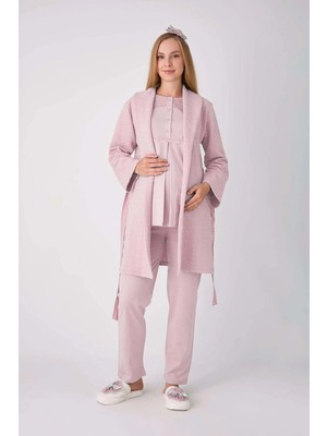 Erdeniz Tekstil Hamile Lohusa Pijama Sabahlık Takımı 3'lü Set Dantel Roba Düğmeli Emzirmeli Jakarlı