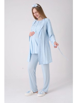 Erdeniz Tekstil Lohusa Pijama Sabahlık Takımı Jakarlı Hırka Dantel Işlemeli Düğmeli Emzirme Pamuklu 3'lü Set