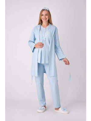 Erdeniz Tekstil Hamile Lohusa Pijama Sabahlık Takımı 3'lü Set Dantel V Yaka Düğmeli Emzirmeli Penye