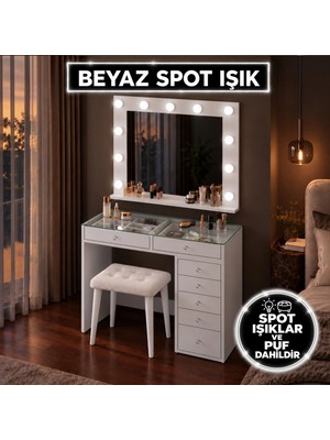Rani BJ160 Hollywood Işıklı Aynalı Kulis Makyaj Masası Cam Tablalı 7 Çekmeceli Takı Düzenleyici Puf Takım Beyaz