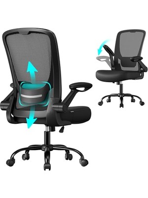 Songmıcs Ofis Koltuğu, Masa Sandalyesi, File Kaplamalı Döner Sandalye, Ergonomik, Yastıklı Bel Desteği, Sallanma Fonksiyonu, 53 cm Koltuk, Katlanır Kolçaklar, Siyah OBN37BK