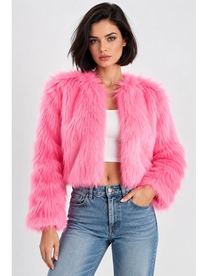 Mevese Kadın Suni Kürklü Astarlı Kışlık Mont - Pembe