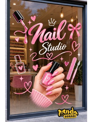 Panda Sokağı Pembe Nail Studio Tırnak Güzellik Salonu Cam ve Duvar Sticker – Protez Tırnak Kalıcı Oje Manikür Dekoratif Baskes Folyo 150X50 cm