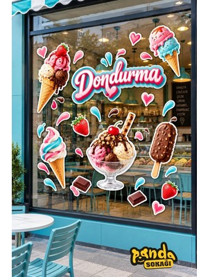 Panda Sokağı Dondurmacı Cam Sticker Seti 150X50 cm – Renkli Dondurma Figürleri ve Dondurma Yazısı – Dükkan Vitrin Camı Dekorasyonu