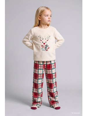 DeFacto Yeni Yıl Geyik Baskılı Ekose Welsoft Pelüş 2'li Pijama Takımı Kız Bebek I0130A526WN