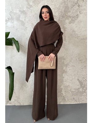 Eskc Trend Moda Kahverengi Pelerinli Ikili Takım