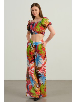 Eskc Trend Moda Tropikal Desenli Crop Bluz & Palazzo Pantolon Takım - Yeşil