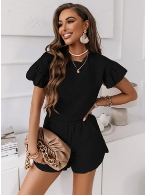 Eskc Trend Moda Siyah Fırfırlı Kollu Şort Takım – Rahat ve Şık Günlük Stil - Siyah