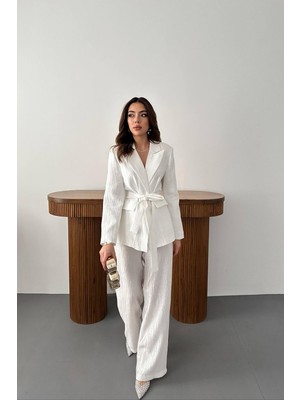 Eskc Trend Moda Ekru Beli Kuşaklı Ceket ve Pantolon Parlak Takım