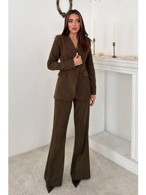 Eskc Trend Moda Haki 2 Düğmeli Ceket Nervürlü Pantolon