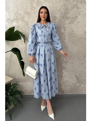 Eskc Trend Moda Mavi Çizgili Çiçekli Bluz Etek Takım