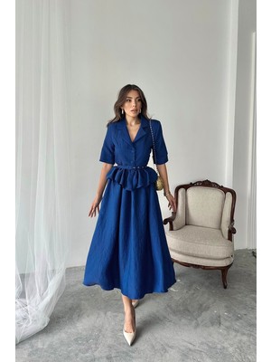 Eskc Trend Moda Lacivert Ince Kemerli Fırfırlı Ceket ve Büzgülü Etek Takım