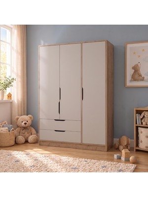 Bimossa KG3220 Winnie 3 Kapaklı Gardırop Sepet-Kumtaşı 120CM Askılı Raflı Çekmeceli Bebek Çocuk Oda Gardırop