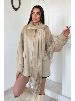 Eskc Trend Moda Bej Saçaklı Süet Ceket
