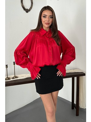 Eskc Trend Moda Kırmızı Saten Fırfırlı Gömlek