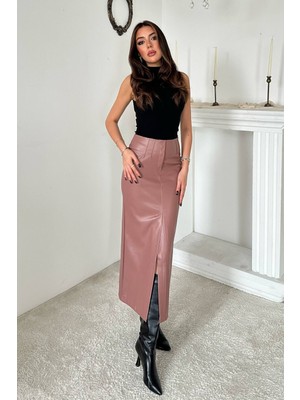 Eskc Trend Moda Pudra Yırtmaçlı Süs Patlı Etek