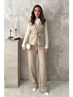 Eskc Trend Moda Bej Süet Yelek Pantolon Takım