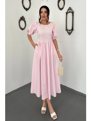 Eskc Trend Moda Pembe Arkadan Bağlama Detaylı Elbise
