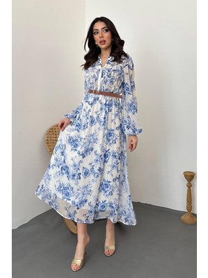 Eskc Trend Moda Mavi Biye Detaylı Elbise