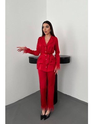 Eskc Trend Moda Kırmızı Püsküllü Saten Ikili Takım