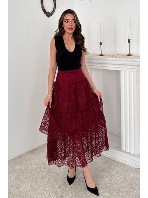 Eskc Trend Moda Bordo Dantelli Kat Kat Etek