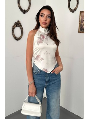 Eskc Trend Moda Ekru Saten Soft Çiçekli Bağlamalı Bluz