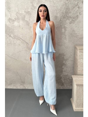 Eskc Trend Moda Mavi Flamlı Belden Bağlamalı Ikili Takım