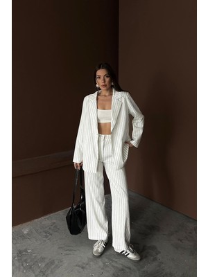 Eskc Trend Moda Beyaz Çizgili Ceket ve Pantolon Takım