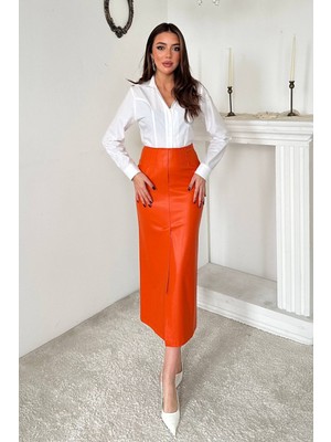 Eskc Trend Moda Oranj Yırtmaçlı Süs Patlı Etek