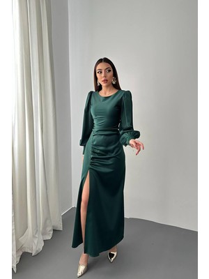 Eskc Trend Moda Zümrüt Yanı Büzgülü Yırtmaçlı Saten Elbise