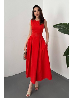 Eskc Trend Moda Nar Çiçeği Halter Yaka Kloş Elbise - Nar Çiçeği